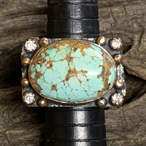 BORA Ring Size 9 Oxidized Sterling Silver, Bronze, CZ & LargeTurquoise Stone - Picture 5 of 7